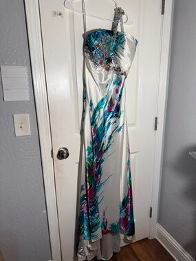 Cinderella Teal, Turquoise and Fuchsia Embellished White Prom Dress
